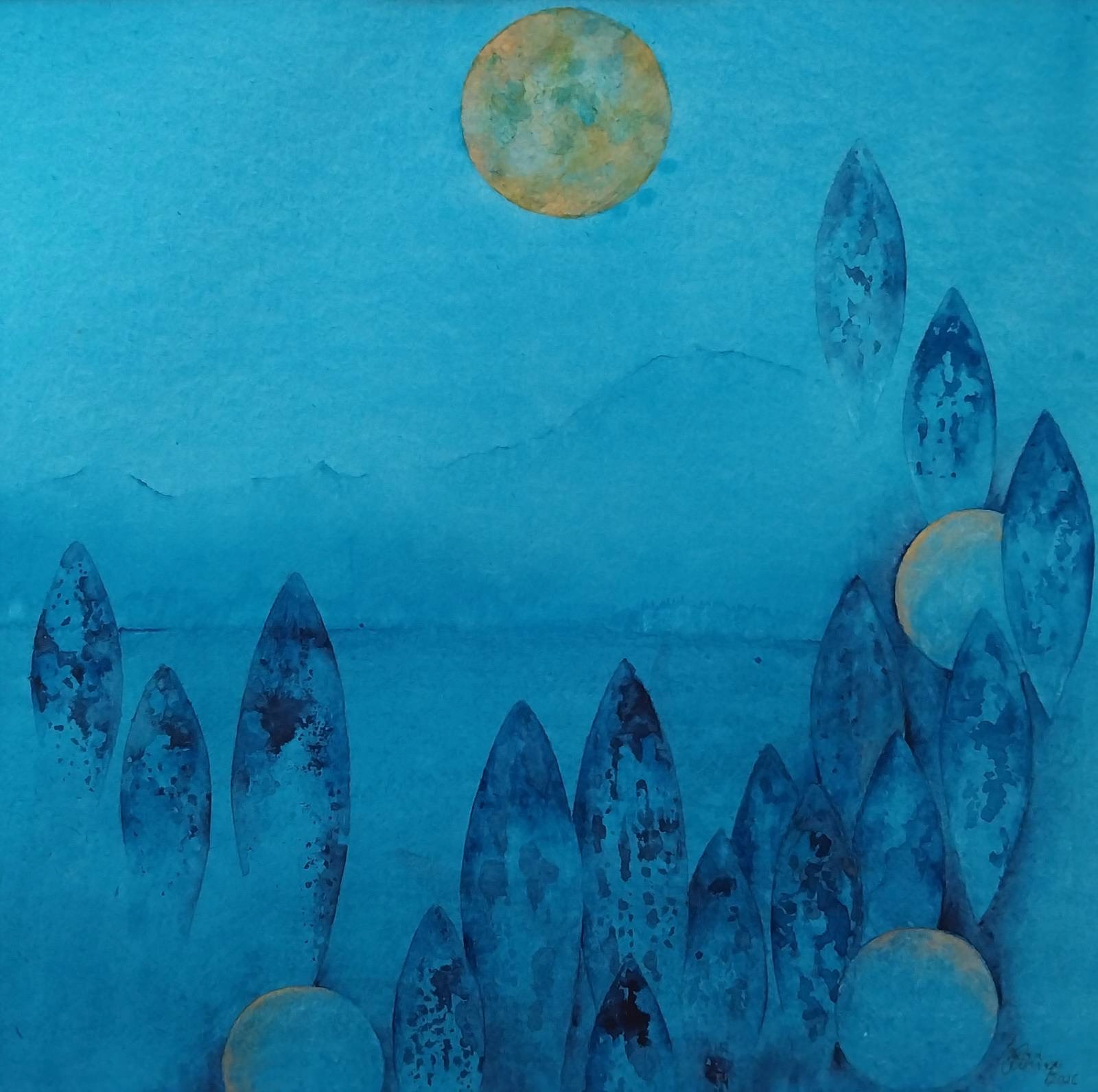 Aquarell Der Tanz mit dem Mond